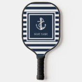 Nautical Anchor Boat Name Navy Blue Streifen Pickleball Schläger (Rückseite)