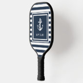 Nautical Anchor Boat Name Navy Blue Streifen Pickleball Schläger (Links)