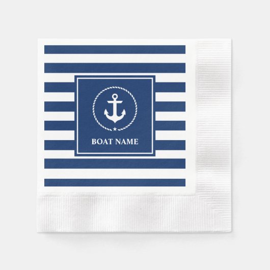 Nautical Anchor Boat Name Navy Blue Streifen Serviette (Vorderseite)