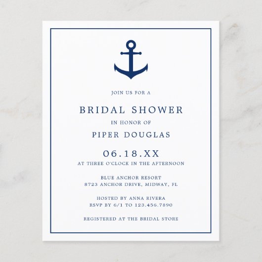 Nautical Anchor Budget Bridal Dusche Einladung Flyer (Vorne)
