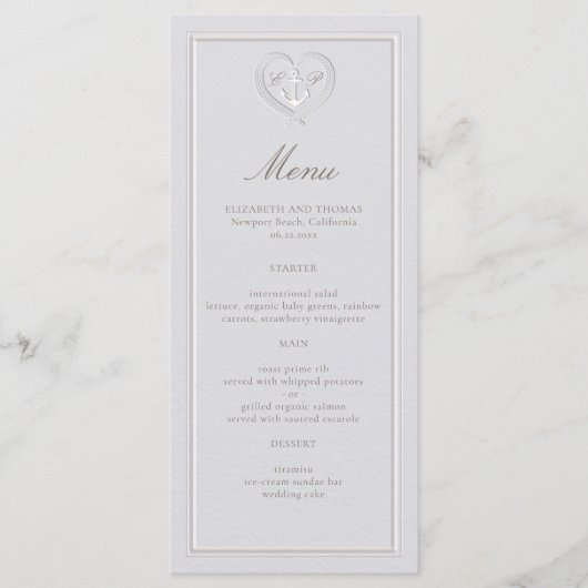 Nautical Anchor Coastal Rope Wappen Formal Wedding Menükarte (Vorderseite)