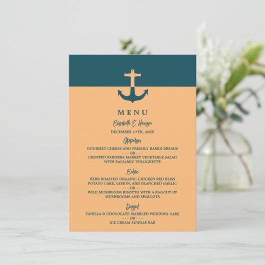 Nautical Anchor - Coral Blue - Beach Wedding Menükarte (Stehend Vorderseite)