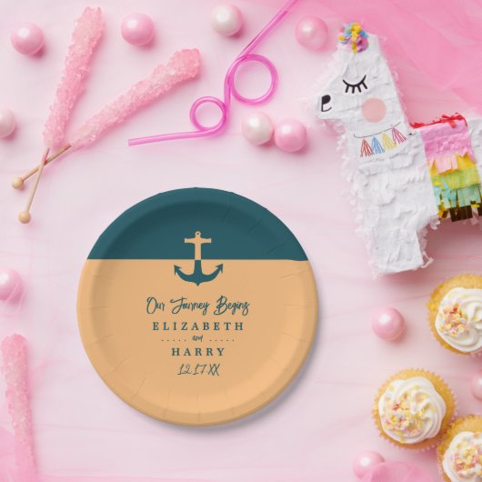Nautical Anchor - Coral Blue - Beach Wedding Pappteller (Party)