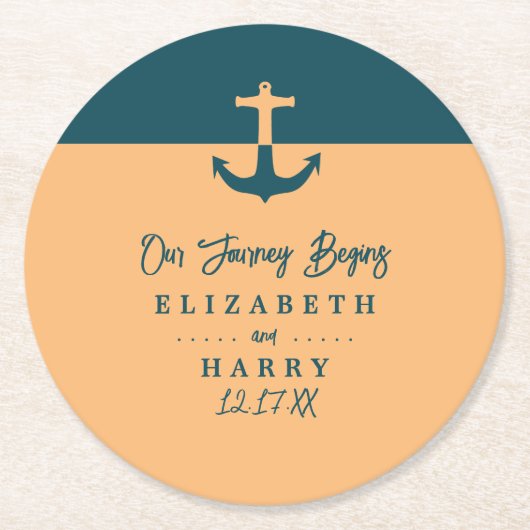 Nautical Anchor - Coral Blue - Beach Wedding Runder Pappuntersetzer (Vorderseite)