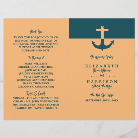 Nautical Anchor - Coral Blue - Hochzeitsprogramm (Vorderseite)