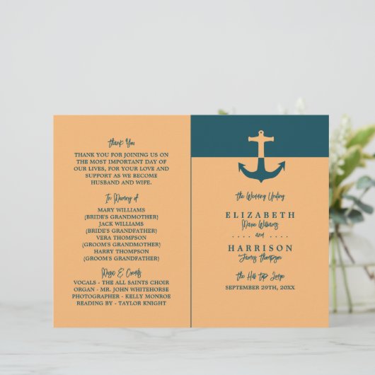Nautical Anchor - Coral Blue - Hochzeitsprogramm (Stehend Vorderseite)