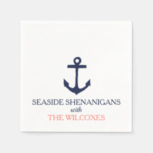 Nautical Anchor Custom Navy Blue/Coral Serviette