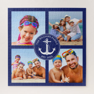 Nautical Anchor Family Foto Collage Blue Frame Puzzle