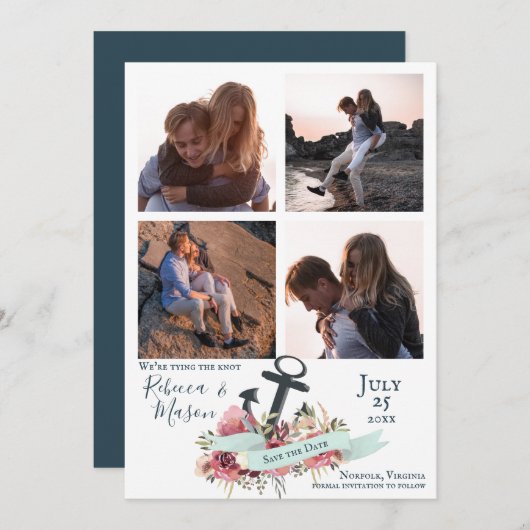 Nautical Anchor Floral Beach Wedding Multi-Foto Save The Date (Vorne/Hinten)