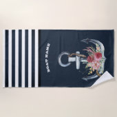 Nautical Anchor Floral Boat Name Navy Blue Strip Strandtuch (Vorderseite)