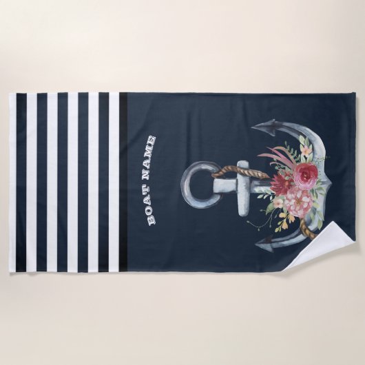 Nautical Anchor Floral Boat Name Navy Blue Strip Strandtuch (Vorderseite)
