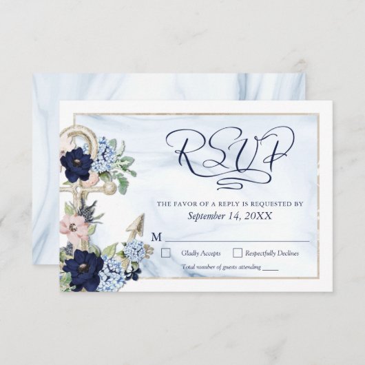 Nautical Anchor Floral Elegantes Skript Navy Blue RSVP Karte (Vorne/Hinten)