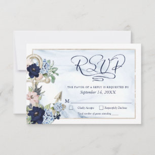 Nautical Anchor Floral Elegantes Skript Navy Blue RSVP Karte