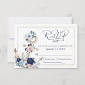 Nautical Anchor Floral Elegantes Skript Navy Blue RSVP Karte (Vorderseite)