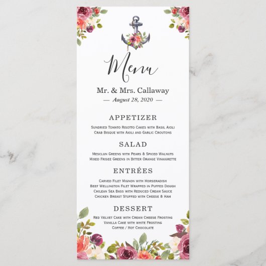 Nautical Anchor Floral Navy Blue Wedding Menu Menükarte (Vorderseite)