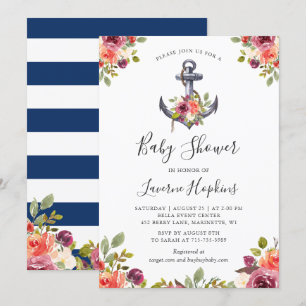 Nautical Anchor Floral Navy Stripes Babydusche Einladung