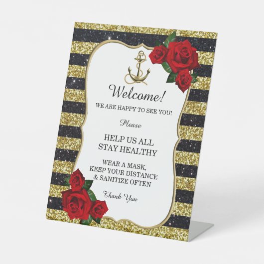 Nautical Anchor Gold Black Stripes Hochzeitsicherh Sockelschild (Vorderseite)