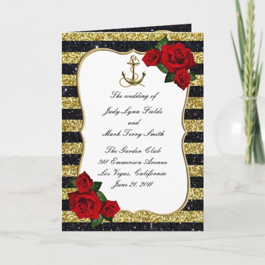Nautical Anchor Gold Black Stripes Hochzeitsprogra Karte (Vorderseite)