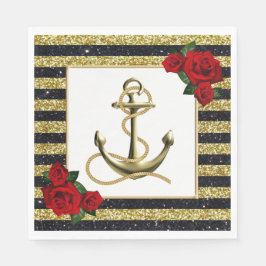 Nautical Anchor Gold Black Stripes Wedding Napkins Serviette