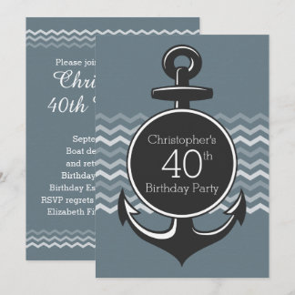 Nautical Anchor Gray Zickzack 40. Geburtstag Party Einladung