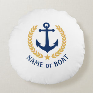 Nautical Anchor Ihr Boot Name Gold Laurel White Rundes Kissen