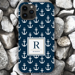Nautical Anchor Marine Navy Blue Pattern Monogram Case-Mate iPhone 14 Hülle