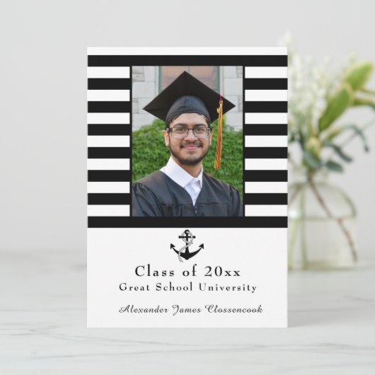 Nautical Anchor Moderner Schwarz-weißer Stripe-Abs Ankündigung (Stehend Vorderseite)