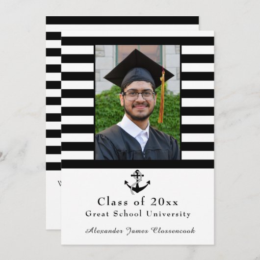 Nautical Anchor Moderner Schwarz-weißer Stripe-Abs Ankündigung (Vorne/Hinten)