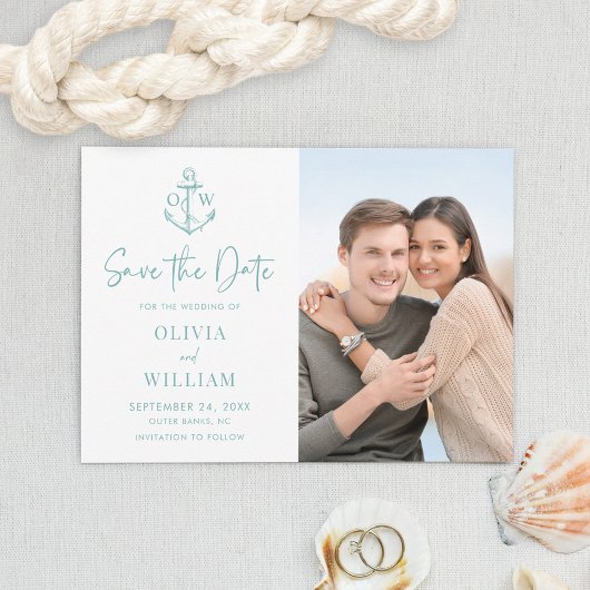 Nautical Anchor Monogram Aqua Blue Wedding Foto Save The Date