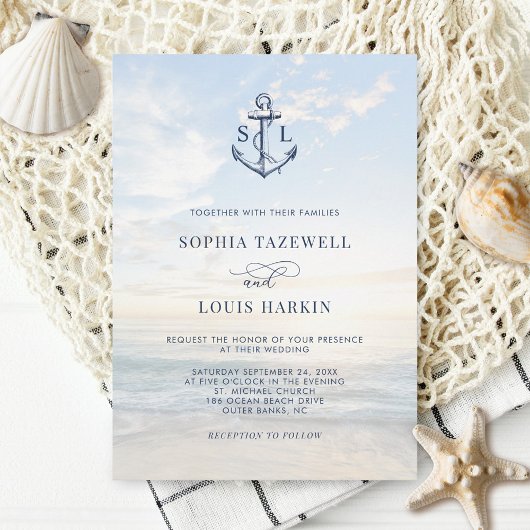 Nautical Anchor Monogram Beach Wedding Einladung