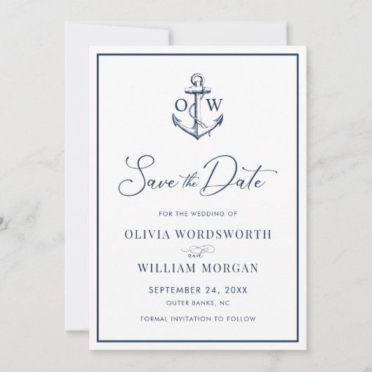 Nautical Anchor Monogram Navy Blue Wedding Save The Date (Vorderseite)