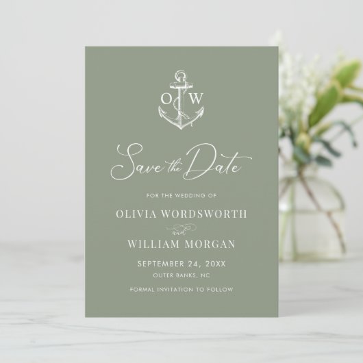 Nautical Anchor Monogram Sage Green Wedding Save The Date (Stehend Vorderseite)