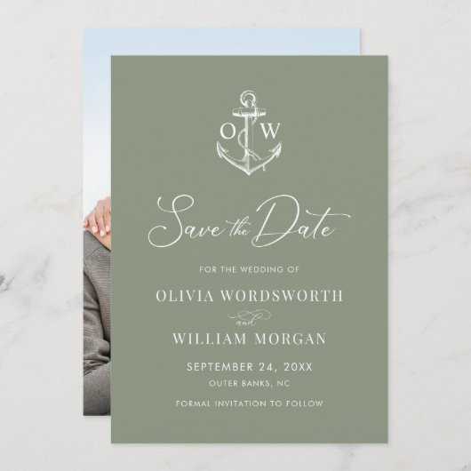 Nautical Anchor Monogram Sage Green Wedding Save The Date (Vorne/Hinten)