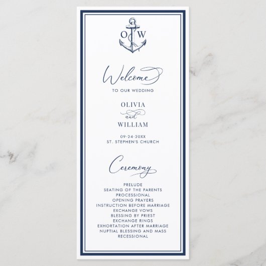 Nautical Anchor Monogram Wedding Programm (Vorderseite)