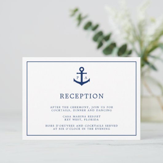 Nautical Anchor Monogram Wedding Reception Begleitkarte (Stehend Vorderseite)