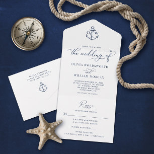 Nautical Anchor Monogram White Navy Hochzeit All In One Einladung