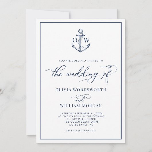 Nautical Anchor Monogram White Wedding Einladung (Vorderseite)