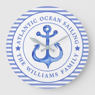Nautical Anchor Navy Blau Streifen Personalisiert Große Wanduhr