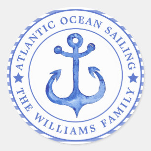 Nautical Anchor Navy Blau Streifen Personalisiert Runder Aufkleber