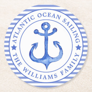 Nautical Anchor Navy Blau Streifen Personalisiert Runder Pappuntersetzer