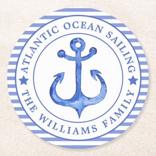 Nautical Anchor Navy Blau Streifen Personalisiert Runder Pappuntersetzer (Vorderseite)