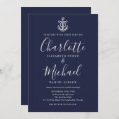 Nautical Anchor Navy Blue and White Script Hochzei Einladung (Vorne/Hinten)