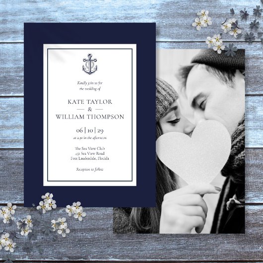 Nautical Anchor Navy Blue and White Wedding Foto Einladung
