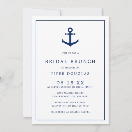 Nautical Anchor Navy Blue Elegante Bridal Brunch Einladung (Vorderseite)
