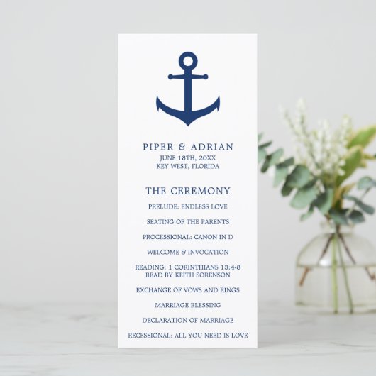 Nautical Anchor Navy Blue Elegante Hochzeit Programm (Stehend Vorderseite)