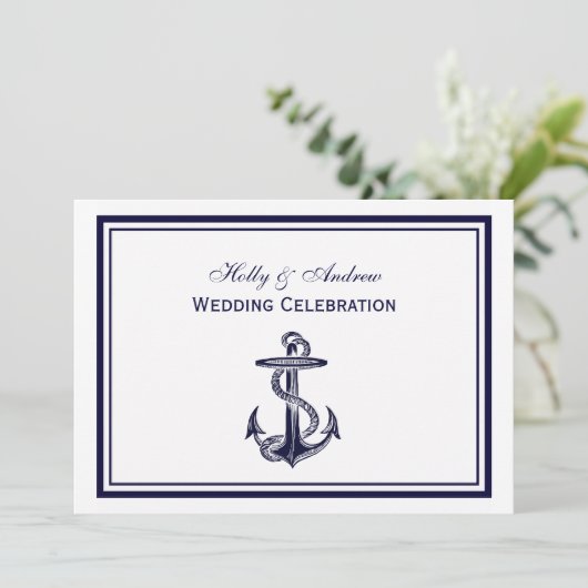Nautical Anchor Navy Blue Gerahmt 2H Wedding Einladung (Stehend Vorderseite)