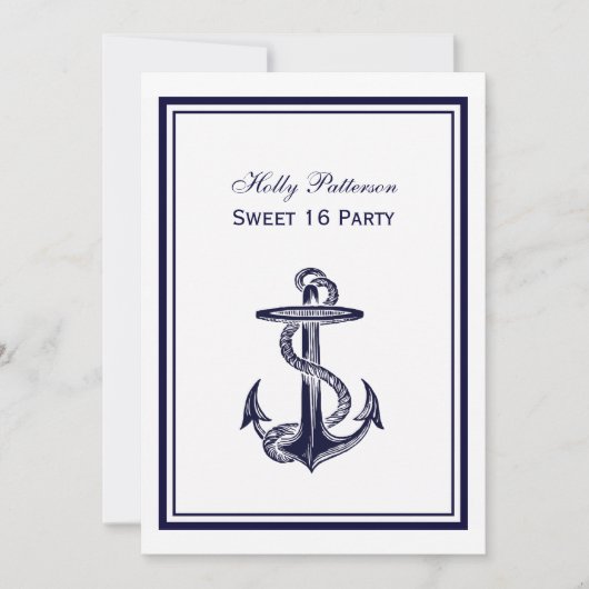 Nautical Anchor Navy Blue Gerahmt 2V Sweet 16 Einladung (Vorderseite)