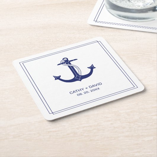 Nautical Anchor Navy Blue Monogram Names Wedding Rechteckiger Pappuntersetzer (angewinkelt)