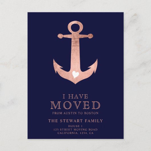 Nautical anchor navy blue rose gold home moving ankündigungspostkarte (Vorderseite)