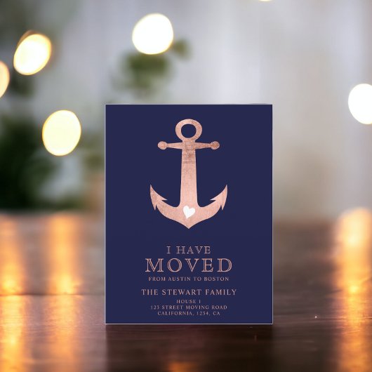 Nautical anchor navy blue rose gold home moving ankündigungspostkarte
